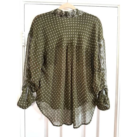 FREE PEOPLE Easy Rider Army Olive Green Boho Sheer Pattern Blouse Top - Small - Picture 6 of 7